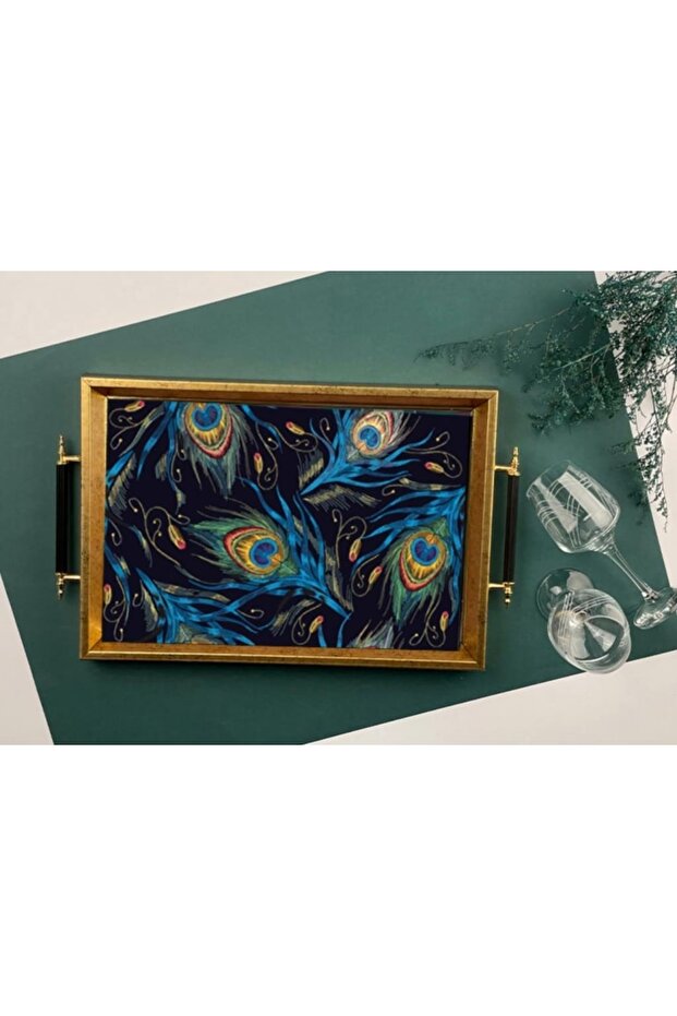 50X31Cm Gold Peacock Feather Patterned Wooden/Glass Tray with Handles A-1018