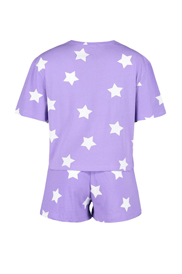 Lila %100 Pamuklu Yıldız Desenli Şortlu Örme Pijama Takımı THMSS22PT0501 - 8