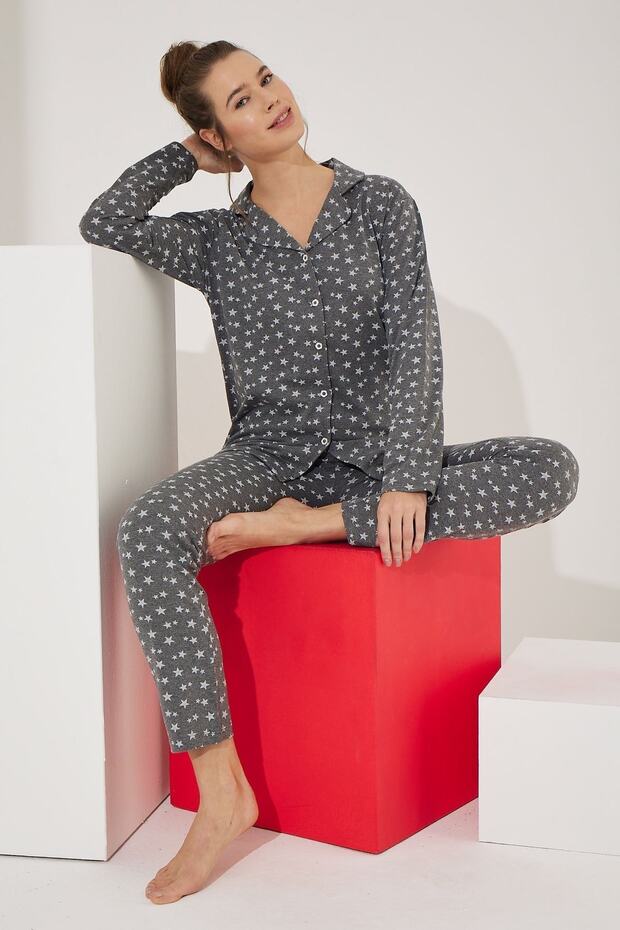 Pamuklu Düğmeli Pijama Takım - 2