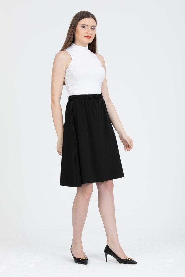 Flared Midi Skirt with Elastic Waist Plain Black G102-4