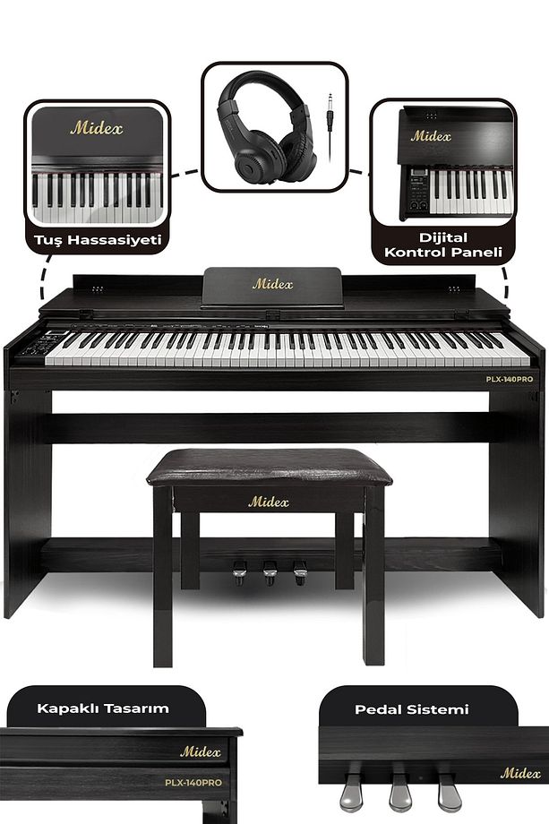 Plx-140 Pro-bk Dijital Piyano Bluetooth Tuş Hassasiyeti 88 Tuşlu Kapaklı (KULAKLIK VE TABURE) - 1