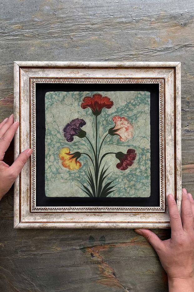 Çerçeveli Tablo Taş Duvar Dekoru 30 X 30 Cm Ebruli Çiçekler Tablosu - 2