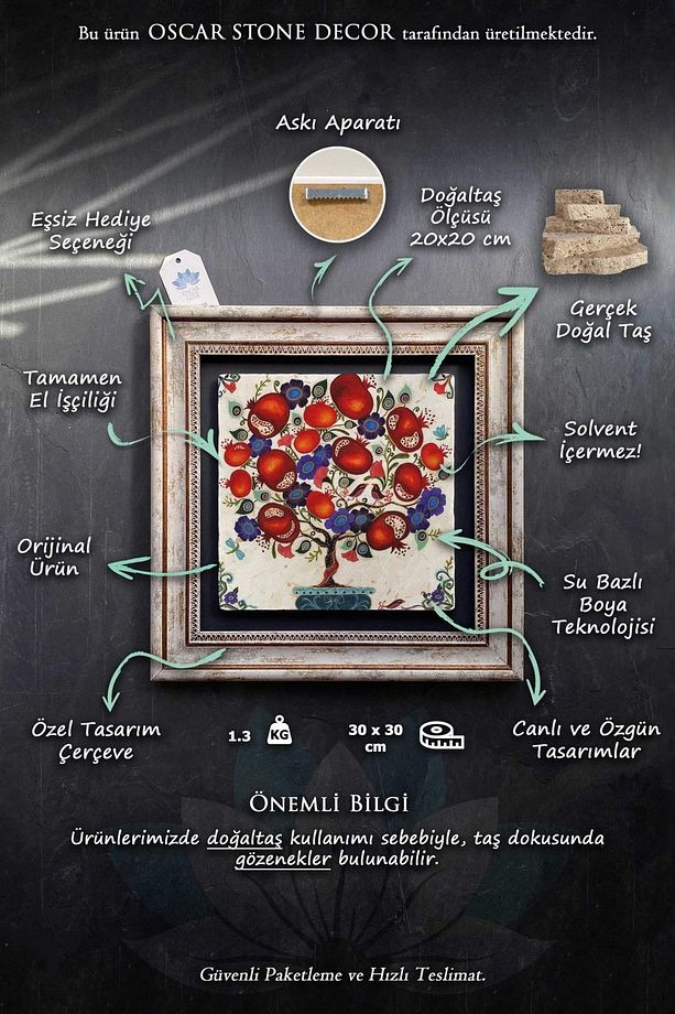 Çerçeveli Tablo Taş Duvar Dekoru 30 X 30 Cm Ebruli Çiçekler Tablosu - 7
