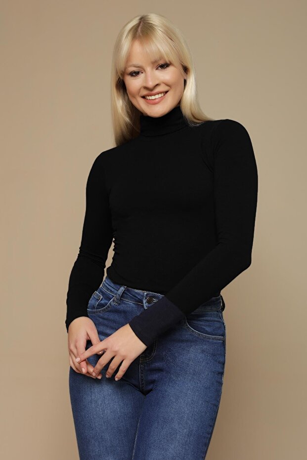 Kadın Siyah Balıkçı Yaka Örme Bluz - 2