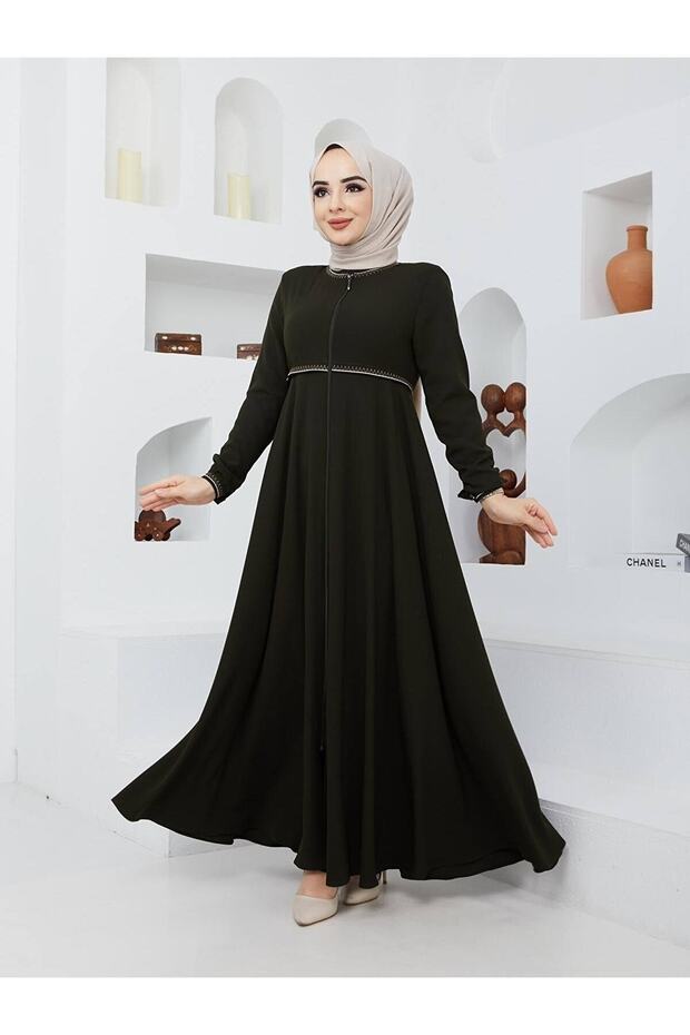 Summer Mevlana Model Flared Abaya and Topcoat with Patterned Sleeves and Waist
