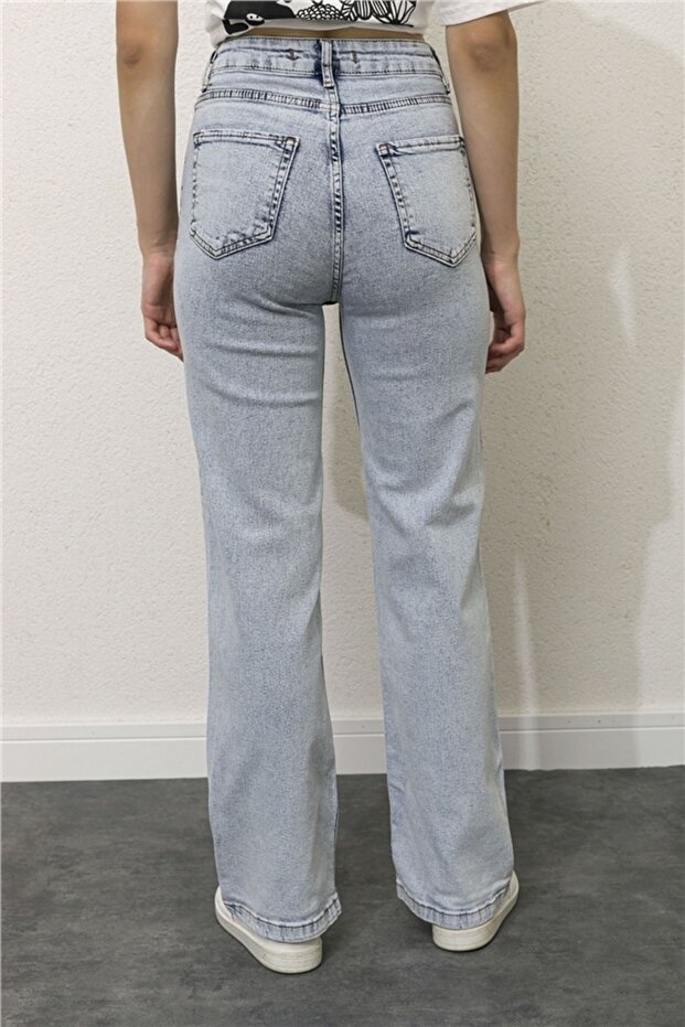 Kadın Kar Yıkama Yüksek Bel Cepli Boru Paça Yıkamalı Kot Pantolon - 1