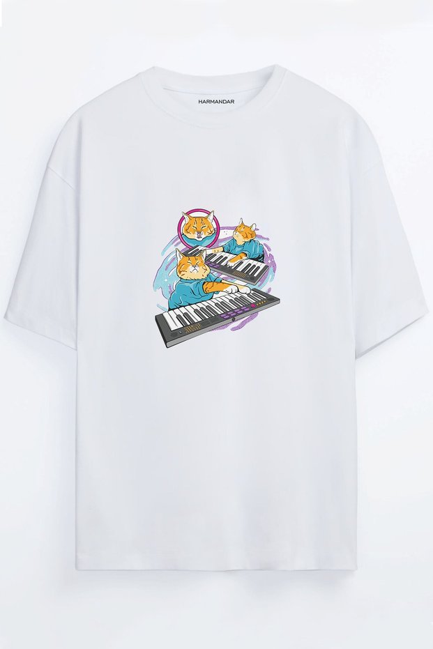 ?harmandar Dj Cat Printed Unisex White Oversize T-shirt