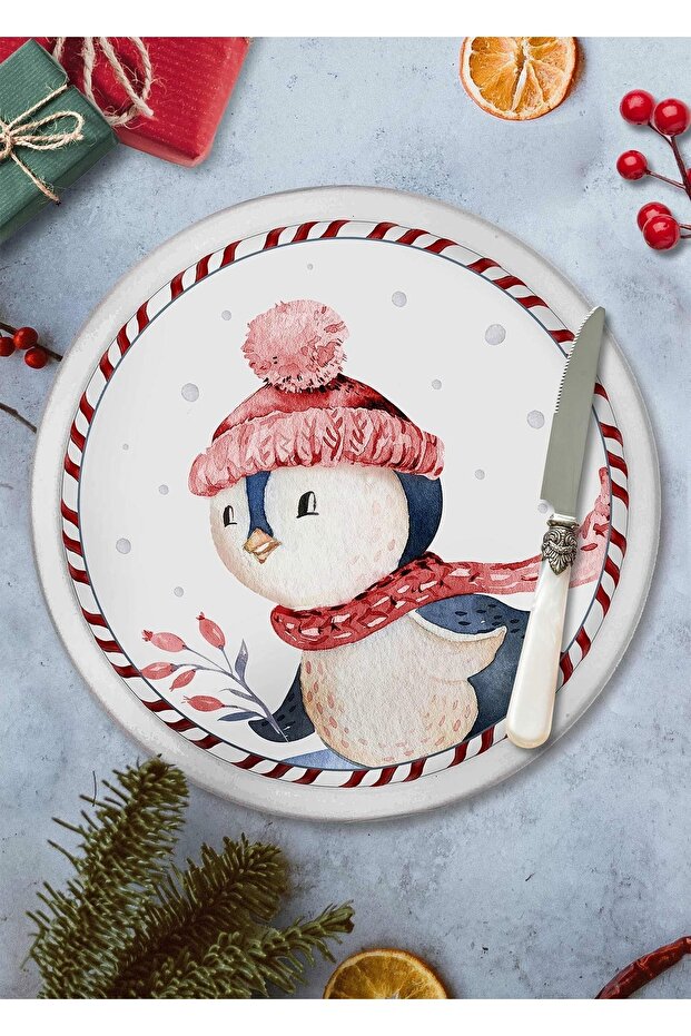 Yılbaşı Penguen Stoneware Yuvarlak Servis Tabağı 30cm New014 - 1