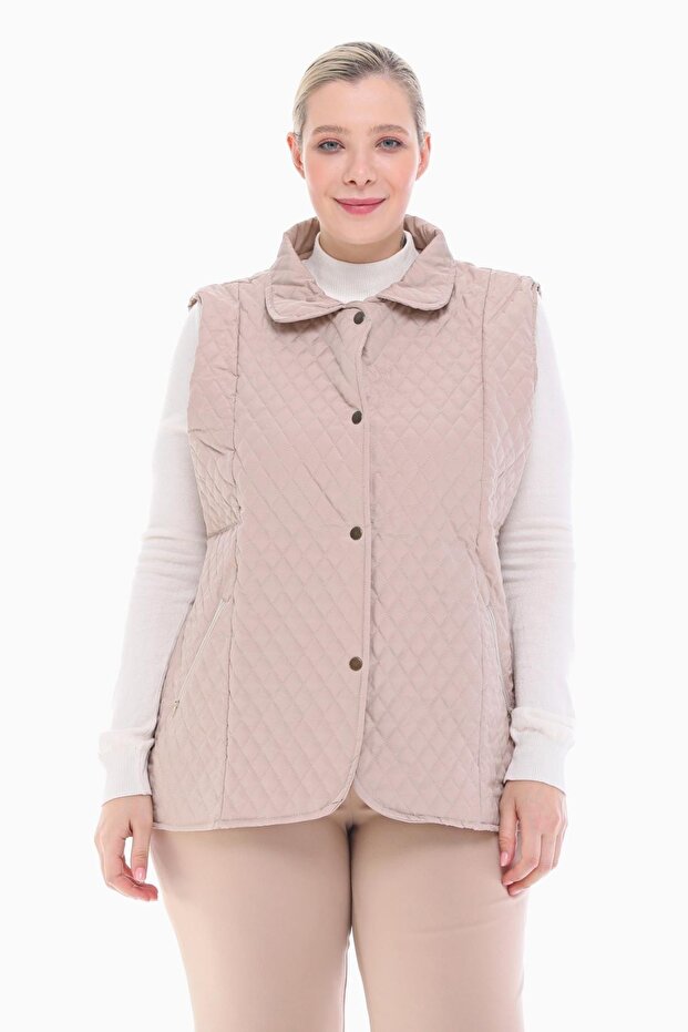 Women's Quilted Lined Vest Light Beige Large Size 1028