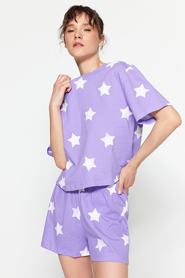 Lila %100 Pamuklu Yıldız Desenli Şortlu Örme Pijama Takımı THMSS22PT0501 - 5