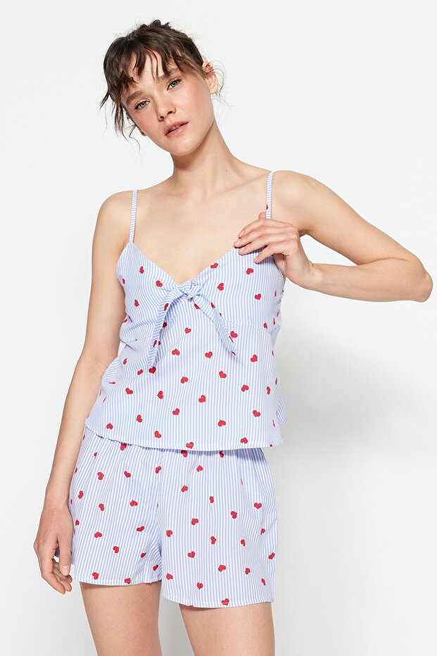 Mavi Çizgili Kalpli İp Askılı Viskon Şortlu Dokuma Pijama Takımı THMSS23PT00133 - 2