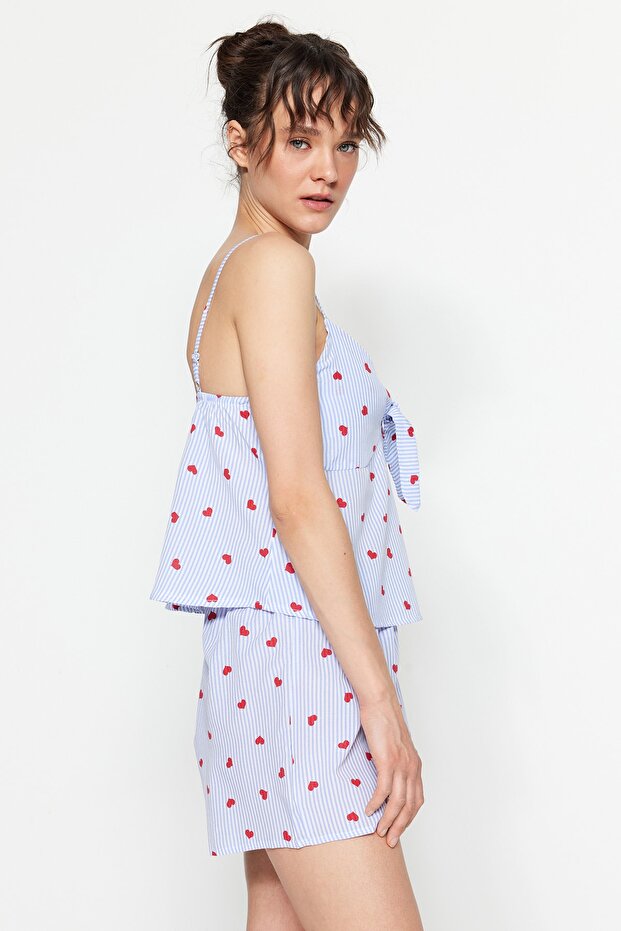 Mavi Çizgili Kalpli İp Askılı Viskon Şortlu Dokuma Pijama Takımı THMSS23PT00133 - 3