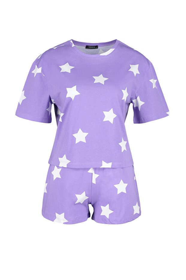 Lila %100 Pamuklu Yıldız Desenli Şortlu Örme Pijama Takımı THMSS22PT0501 - 7