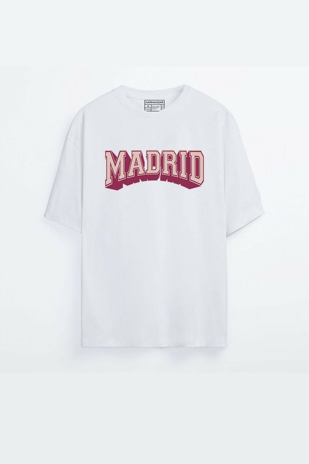 Harmandar - Unisex Madrid Printed White Oversize T-shirt