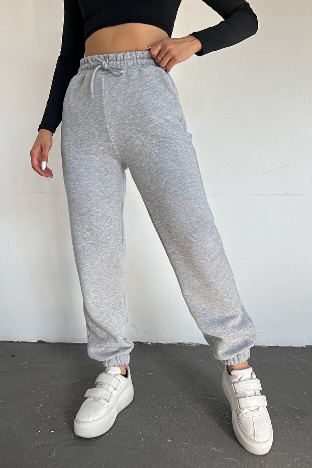 Women's Gray Winter Thick Fleece Inside High Waist Elastic Leg Basic Jogger Sweatpants
