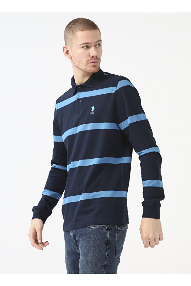 Men's Navy Blue Sweatshirt - Polo Neck and Cudel