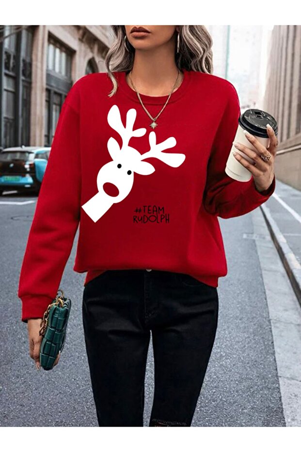 Deer Printed New Year's Crew Neck Red Sweatshirt