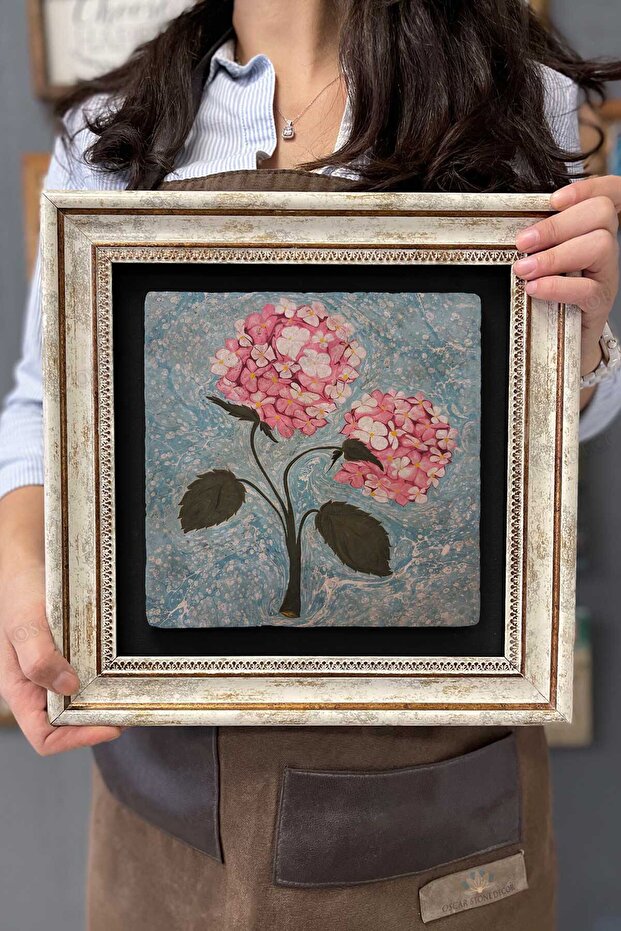 Çerçeveli Tablo Taş Duvar Dekoru 30 X 30 Cm Ebruli Çiçekler Tablosu - 1