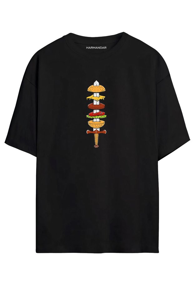 Kılıç Şiş Burger Printed Unisex Black Oversize T-shirt
