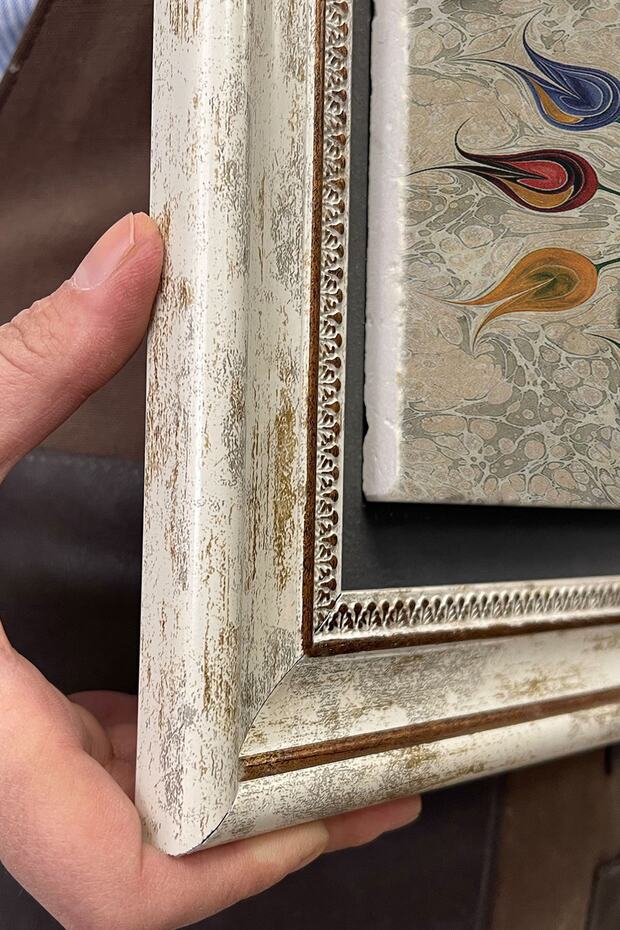 Çerçeveli Tablo Taş Duvar Dekoru 30 X 30 Cm Ebruli Renkli Çiçekler Mermer Tablo - 5