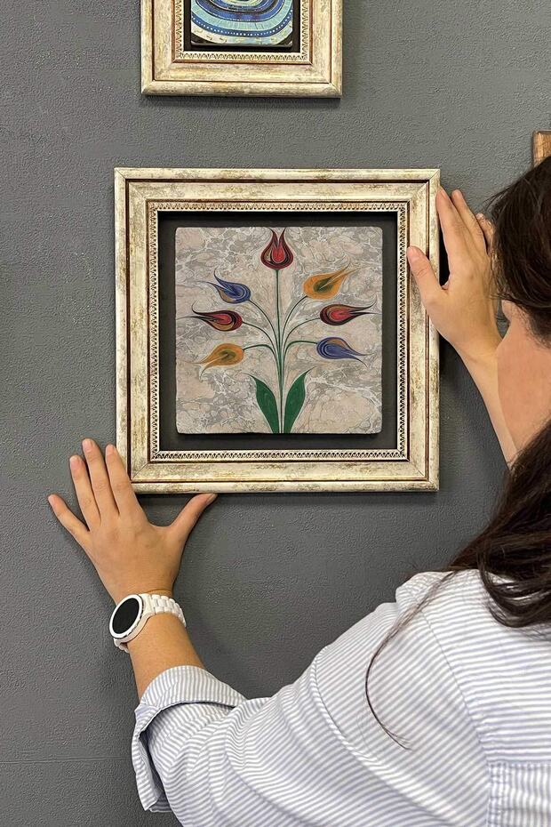 Çerçeveli Tablo Taş Duvar Dekoru 30 X 30 Cm Ebruli Renkli Çiçekler Mermer Tablo - 6