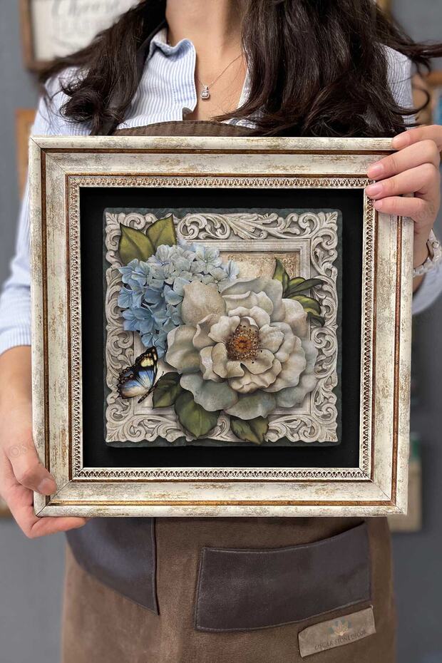Çerçeveli Tablo Taş Duvar Dekoru 30 X 30 Cm Kelebek Ve Çiçekler - 1