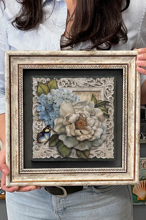 Çerçeveli Tablo Taş Duvar Dekoru 30 X 30 Cm Kelebek Ve Çiçekler - 4