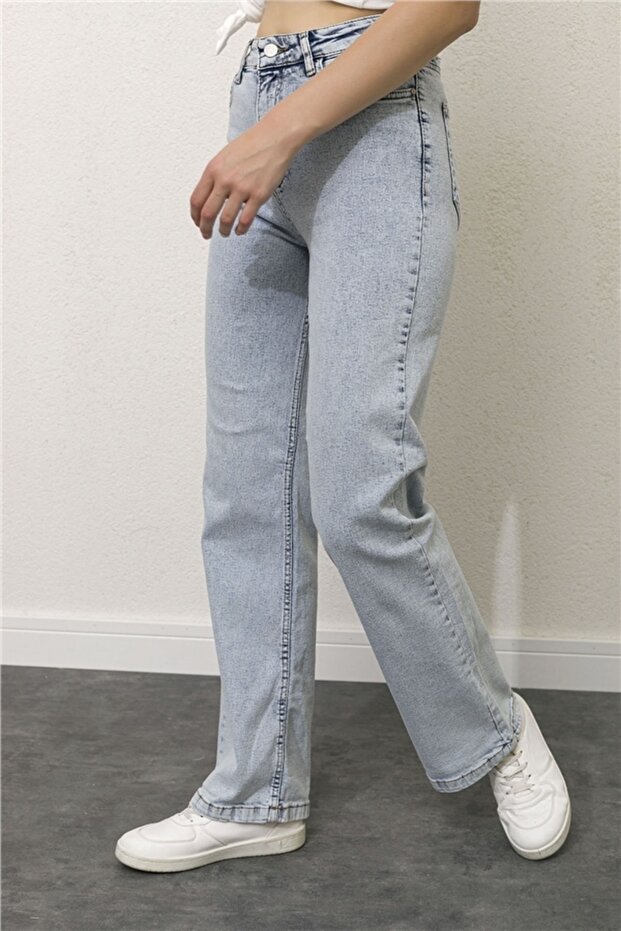 Kadın Kar Yıkama Yüksek Bel Cepli Boru Paça Yıkamalı Kot Pantolon - 4