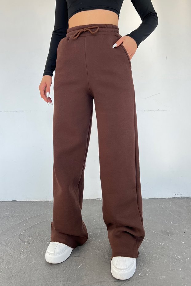 Women's Brown Winter High Waist Wide Leg Sweatpants with Fleece Inside