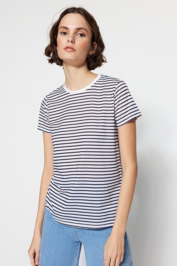 Siyah-Beyaz-Siyah Çizgili 3'lü Paket Basic Bisiklet Yaka Örme T-Shirt TWOSS20TS0146 - 3