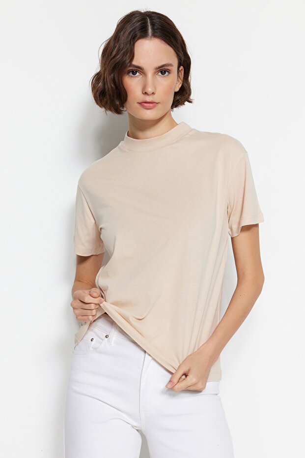 Bej-Vizon 2'li Paket %100 Pamuk Basic Dik Yaka Örme T-Shirt TWOSS20TS1500 - 5
