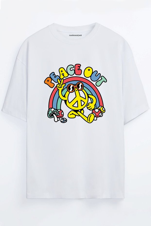 Harmandar Peace Out Printed Unisex White Oversize T-shirt