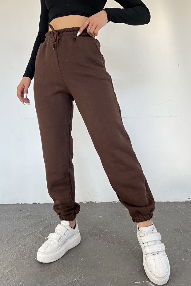 Women's Brown Winter Thick Fleece Inside High Waist Elastic Leg Basic Jogger Sweatpants