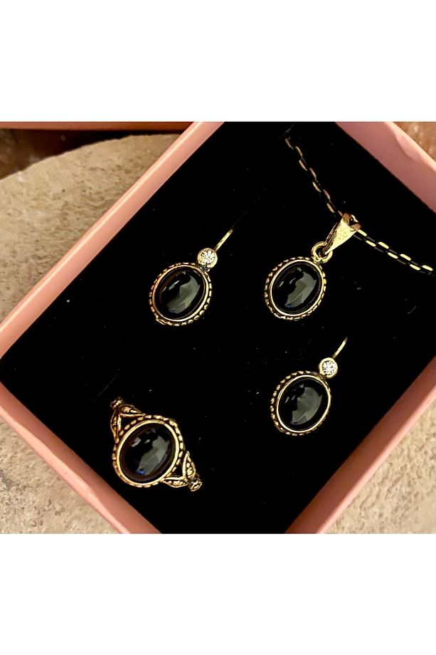 El Yapımı Antialerjik Bakır&doğal Taş Üçlü Kolye,küpe,yüzük Set (onix&kedigözü) - 3