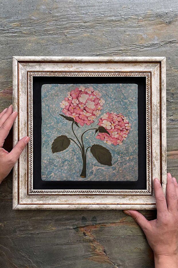 Çerçeveli Tablo Taş Duvar Dekoru 30 X 30 Cm Ebruli Çiçekler Tablosu - 2