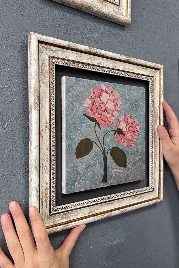 Çerçeveli Tablo Taş Duvar Dekoru 30 X 30 Cm Ebruli Çiçekler Tablosu - 3