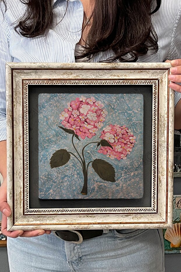 Çerçeveli Tablo Taş Duvar Dekoru 30 X 30 Cm Ebruli Çiçekler Tablosu - 4