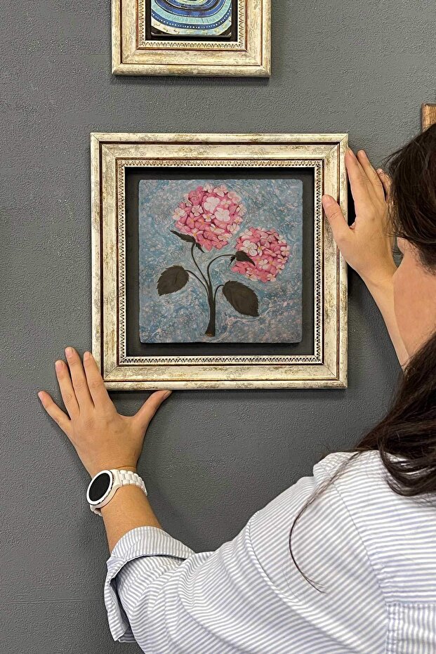 Çerçeveli Tablo Taş Duvar Dekoru 30 X 30 Cm Ebruli Çiçekler Tablosu - 6