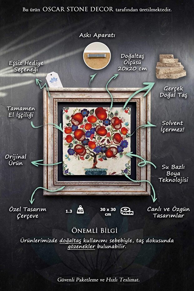 Çerçeveli Tablo Taş Duvar Dekoru 30 X 30 Cm Ebruli Çiçekler Tablosu - 7