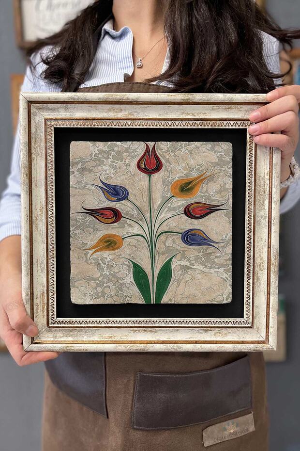 Çerçeveli Tablo Taş Duvar Dekoru 30 X 30 Cm Ebruli Renkli Çiçekler Mermer Tablo - 1