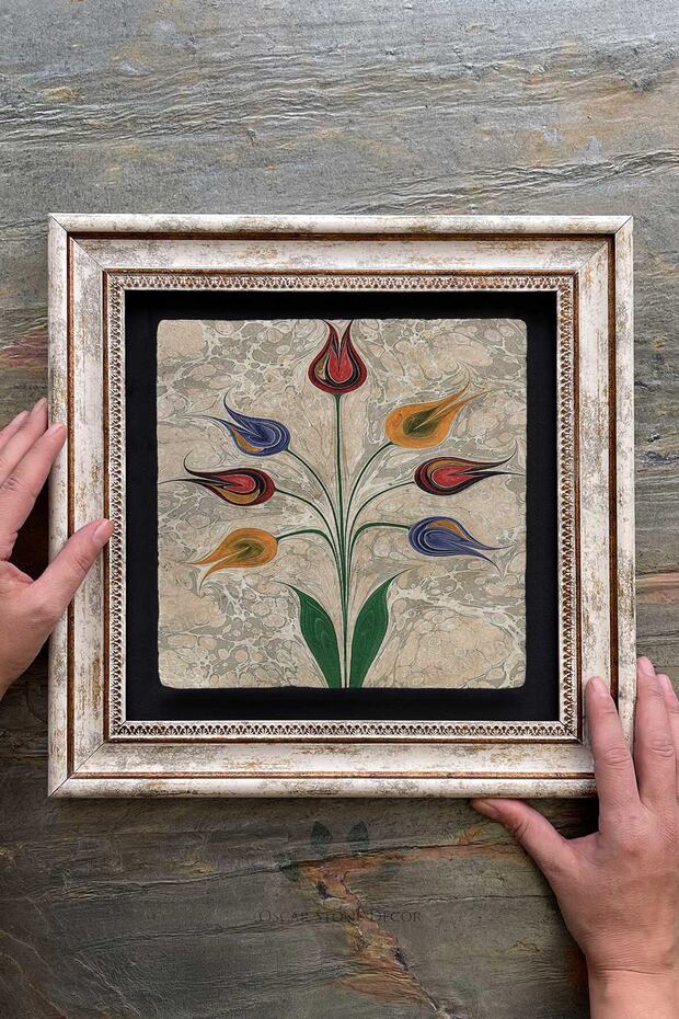 Çerçeveli Tablo Taş Duvar Dekoru 30 X 30 Cm Ebruli Renkli Çiçekler Mermer Tablo - 2