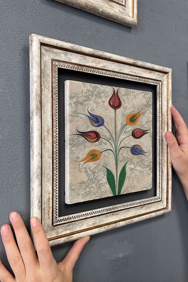 Çerçeveli Tablo Taş Duvar Dekoru 30 X 30 Cm Ebruli Renkli Çiçekler Mermer Tablo - 3