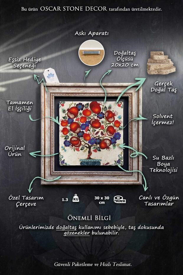 Çerçeveli Tablo Taş Duvar Dekoru 30 X 30 Cm Ebruli Renkli Çiçekler Mermer Tablo - 7