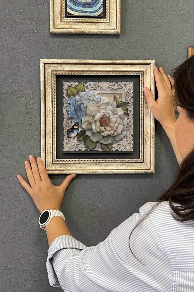 Çerçeveli Tablo Taş Duvar Dekoru 30 X 30 Cm Kelebek Ve Çiçekler - 6