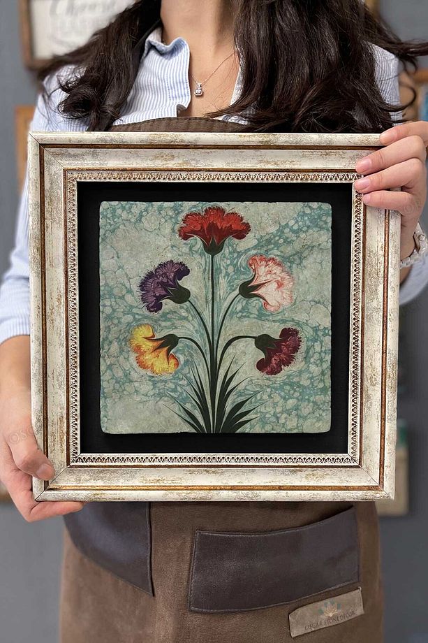 Çerçeveli Tablo Taş Duvar Dekoru 30 X 30 Cm Ebruli Çiçekler Tablosu - 1