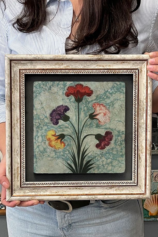 Çerçeveli Tablo Taş Duvar Dekoru 30 X 30 Cm Ebruli Çiçekler Tablosu - 4