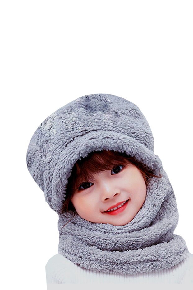 Kid Hat 7-10 Years Old Children's Hooded Plush Beanie Scarf Welsoft Neck Collar Windproof Hat
