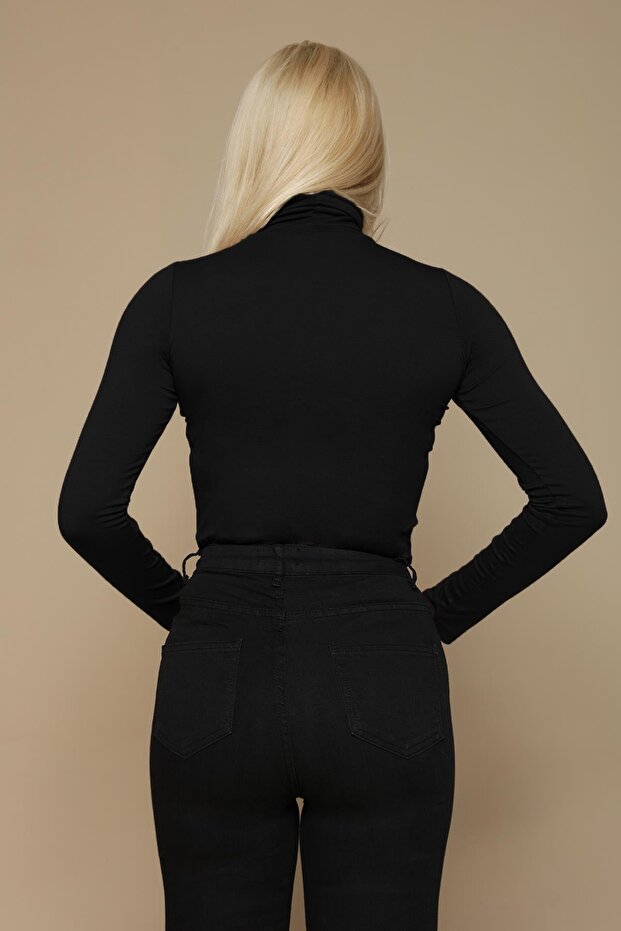Kadın Siyah Balıkçı Yaka Örme Bluz - 4