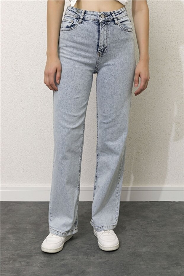 Kadın Kar Yıkama Yüksek Bel Cepli Boru Paça Yıkamalı Kot Pantolon - 3