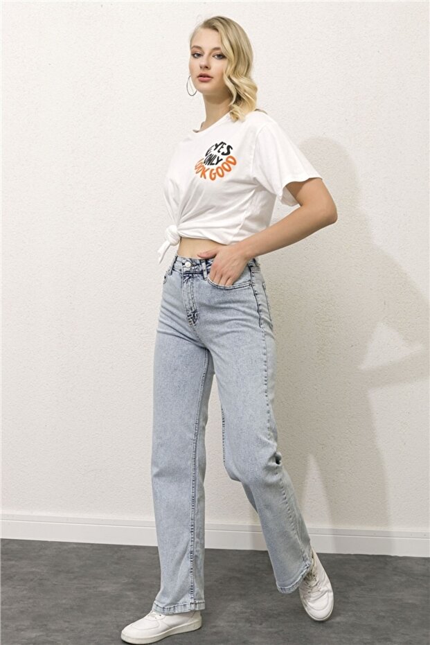 Kadın Kar Yıkama Yüksek Bel Cepli Boru Paça Yıkamalı Kot Pantolon - 6